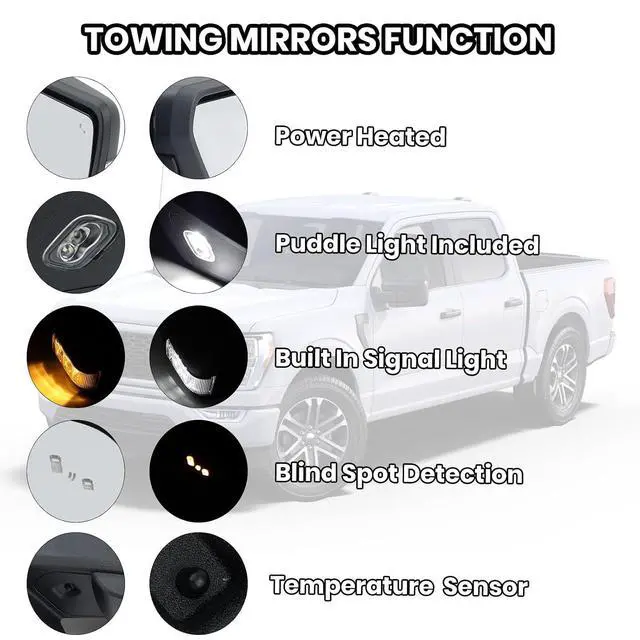 Alt view image 4 of 7 - Passenger Side Door Mirror Compatible With 2021-2025 Ford F150 Mirror with Turn Signal Puddle Light Blind Spot Temperature Sensors Heated Power Glass Manual Folding,Matte Black(13Pins)