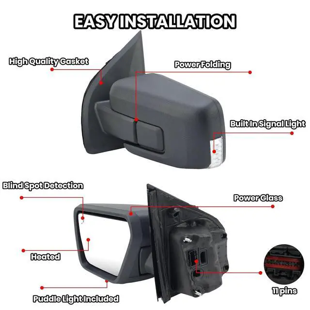 Alt view image 3 of 7 - Driver Side Door Mirror Compatible With 2021-2025 Ford F150 Mirror with Turn Signal Puddle Light Blind Spot Heated Power Glass Manual Folding,Matte Black (11Pins)