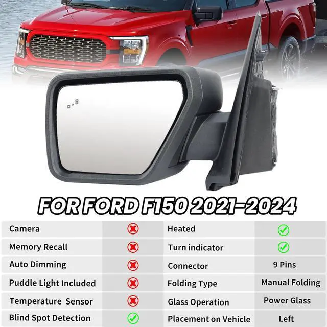 Alt view image 2 of 7 - Driver Side Door Mirror Compatible With 2021 2022 2023 2024 2025 Ford F150 Mirror with Turn Signal Light Blind Spot Heated Power Glass Manual Folding,Matte Black (9Pins)