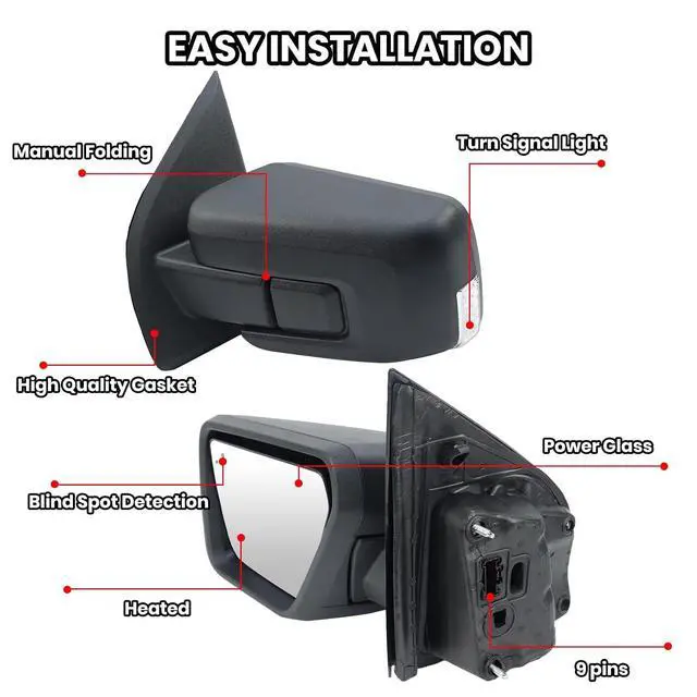 Alt view image 3 of 7 - Driver Side Door Mirror Compatible With 2021 2022 2023 2024 2025 Ford F150 Mirror with Turn Signal Light Blind Spot Heated Power Glass Manual Folding,Matte Black (9Pins)