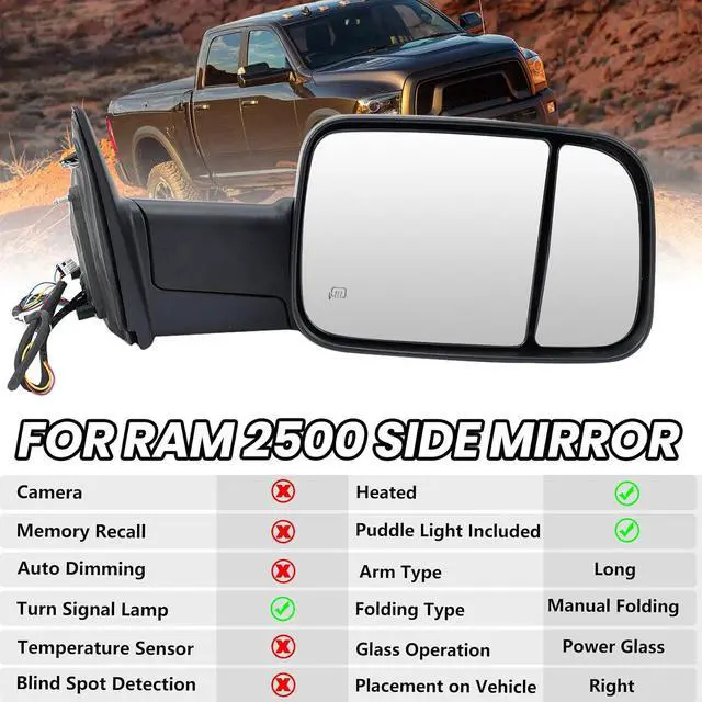 Alt view image 2 of 7 - Right Passenger Side Mirror for 2013-2019 Dodge Ram 2500 Black(Long Arm) | Mirror with Heated Puddle Lights Turn Signal Light Manual Folding