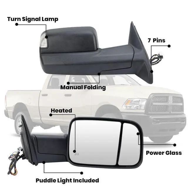 Alt view image 3 of 7 - Right Passenger Side Mirror for 2013-2019 Dodge Ram 2500 Black(Long Arm) | Mirror with Heated Puddle Lights Turn Signal Light Manual Folding