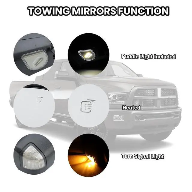 Alt view image 4 of 7 - Right Passenger Side Mirror for 2013-2019 Dodge Ram 2500 Black(Long Arm) | Mirror with Heated Puddle Lights Turn Signal Light Manual Folding