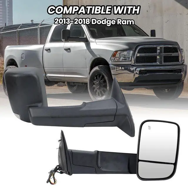 Alt view image 6 of 7 - Right Passenger Side Mirror for 2013-2019 Dodge Ram 2500 Black(Long Arm) | Mirror with Heated Puddle Lights Turn Signal Light Manual Folding