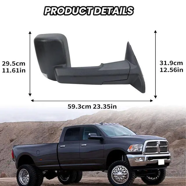 Alt view image 7 of 7 - Right Passenger Side Mirror for 2013-2019 Dodge Ram 2500 Black(Long Arm) | Mirror with Heated Puddle Lights Turn Signal Light Manual Folding