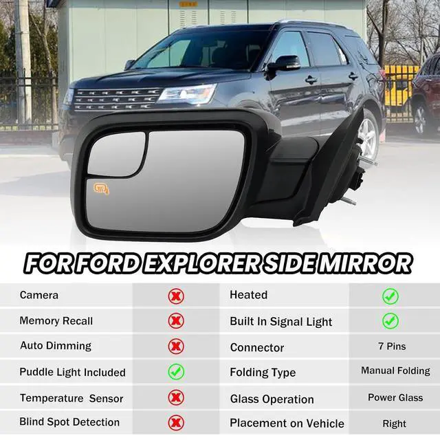 Alt view image 2 of 7 - Left Driver Side Mirror Fits 2011 2012 2013 2014 2015 Ford Explorer With Blind Spot Glass,Heated,Turn Signal,Puddle Light,Manual Folding 7Pins Replaces BB5Z17683NA