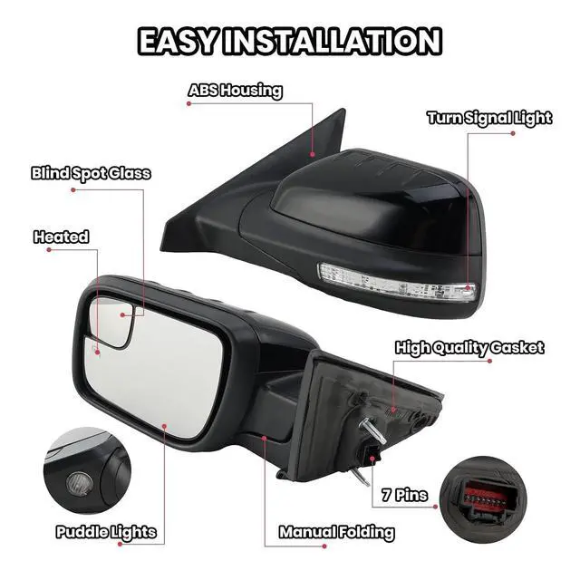Alt view image 3 of 7 - Left Driver Side Mirror Fits 2011 2012 2013 2014 2015 Ford Explorer With Blind Spot Glass,Heated,Turn Signal,Puddle Light,Manual Folding 7Pins Replaces BB5Z17683NA