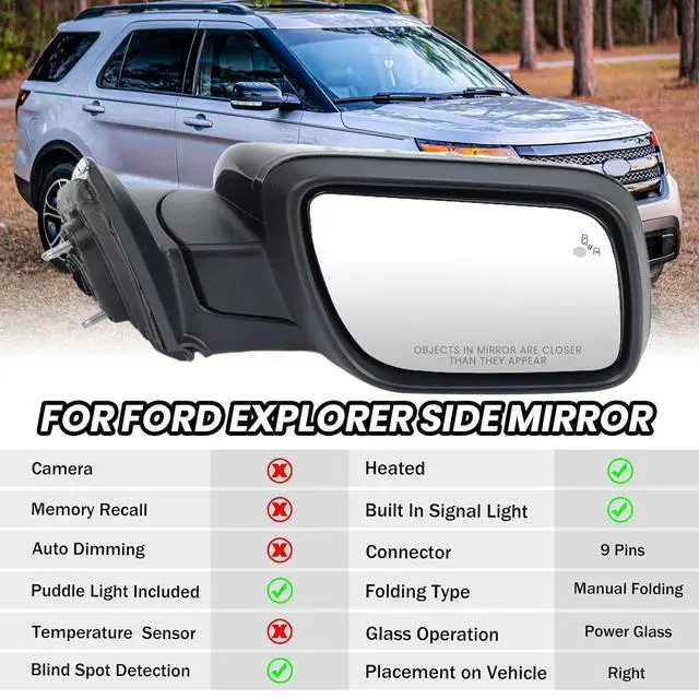 Alt view image 2 of 7 - Passenger Side Mirror for Ford Explorer 2011-2015 Textured Black (9 Pins) | Mirrors with Power Glass Heated with Turn Signal Light Puddle Lamp Blind Spot Detection(Right)