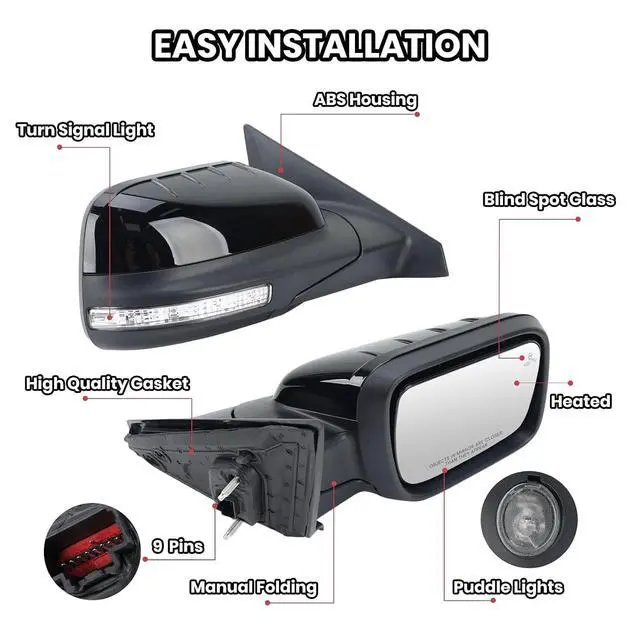 Alt view image 3 of 7 - Passenger Side Mirror for Ford Explorer 2011-2015 Textured Black (9 Pins) | Mirrors with Power Glass Heated with Turn Signal Light Puddle Lamp Blind Spot Detection(Right)