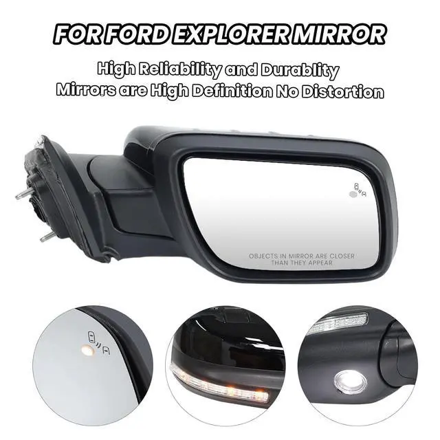 Alt view image 5 of 7 - Passenger Side Mirror for Ford Explorer 2011-2015 Textured Black (9 Pins) | Mirrors with Power Glass Heated with Turn Signal Light Puddle Lamp Blind Spot Detection(Right)