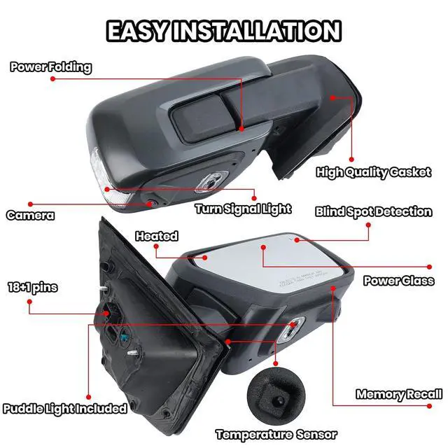 Alt view image 3 of 7 - Right Passenger Side Door Mirror Fits 2021-2025 Ford F150 Mirrors With Memory Camera Power Folding Blind Spot Turn Signal Puddle Light Temperature Sensor Heated Metallic Gray(18+1Pins)