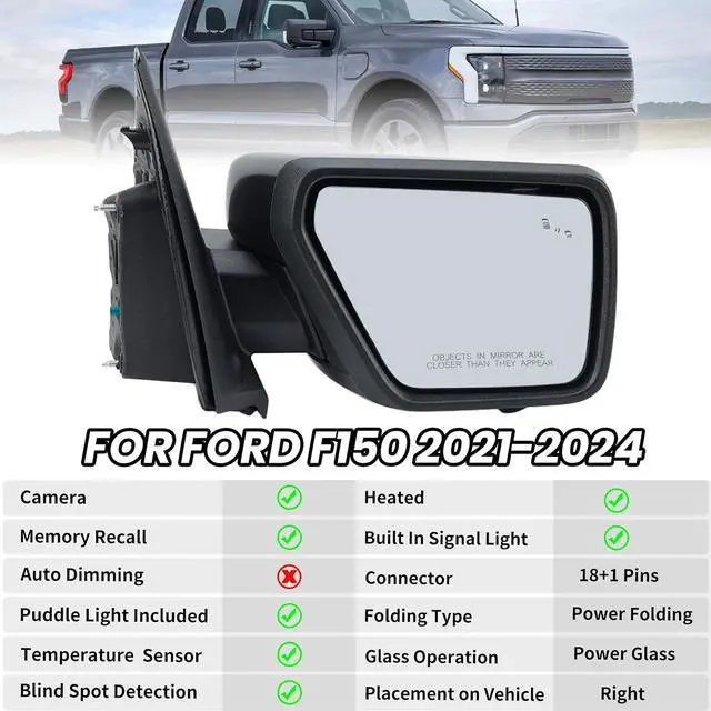 Alt view image 2 of 7 - Right Passenger Side Door Mirror Fits 2021-2025 Ford F150 Mirrors With Memory Camera Power Folding Blind Spot Turn Signal Puddle Light Temperature Sensor Heated Metallic Gray(18+1Pins)