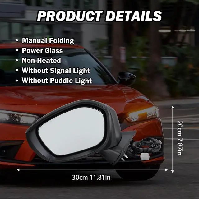 Alt view image 2 of 7 - Left Driver Side Mirror Compatible With 2022 2023 2024 2025 Honda Civic Sedan/Hatchback,Mirrors with Power Glass,Non-Heated,Manual Folding Black Replaces# HO1321350 76208T20A01