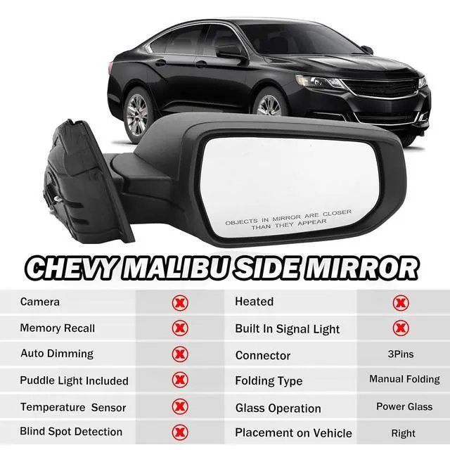 Alt view image 2 of 7 - Passenger Side View Mirror Compatible with Chevy Malibu 2016 2017 2018 2019 2020 2021 2022 Mirrors Non Heated Without Signal Light Manual Folding Right