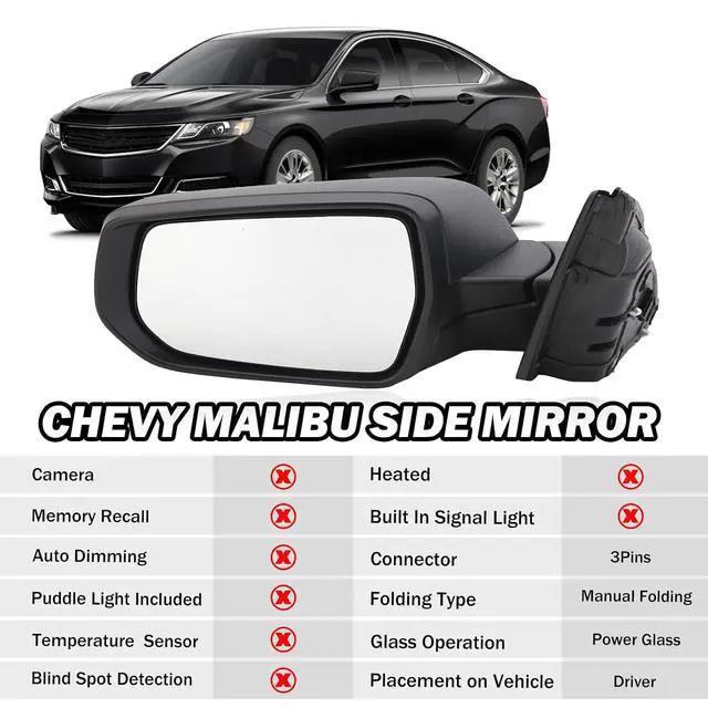 Alt view image 2 of 7 - Driver Side View Mirror Compatible with Chevy Malibu 2016 2017 2018 2019 2020 2021 2022 Non Heated Without Signal Light Manual Folding LH