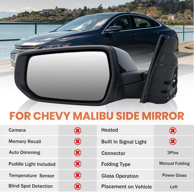 Alt view image 2 of 7 - Driver Side View Mirror Compatible with Chevy Malibu 2016 2017 2018 2019 2020 2021 2022 Non Heated Without Signal Light Manual Folding LH(Gloss Black)