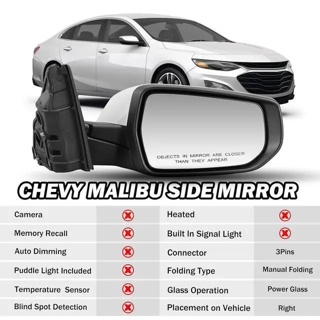 Alt view image 2 of 7 - Passenger Side View Mirror Compatible with Chevy Malibu 2016 2017 2018 2019 2020 2021 2022 Mirrors Non Heated Without Signal Light Manual Folding Right(White)
