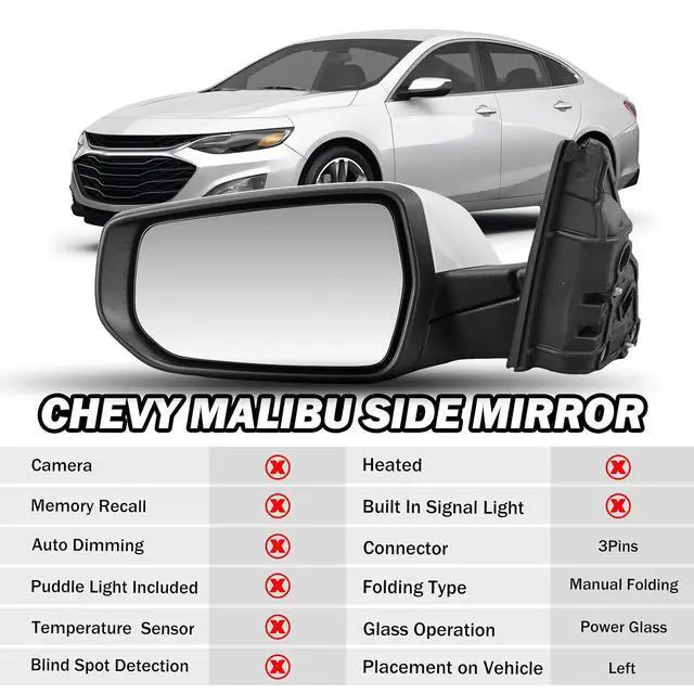 Alt view image 2 of 7 - Driver Side View Mirror Compatible with Chevy Malibu 2016 2017 2018 2019 2020 2021 2022 Non Heated Without Signal Light Manual Folding LH(White)