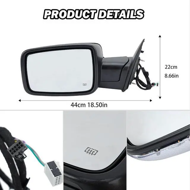 Alt view image 7 of 7 - Driver Side Mirror Compatible with 2013-2018 Dodge Ram 1500 2500 3500 Mirrors with Heated Puddle Lamp Temperature Sensor Tuning LED Signal Power Fold Textured Black(10+2Pins)