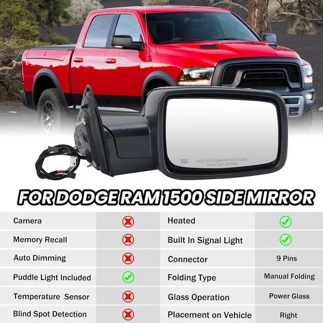 Alt view image 2 of 7 - Passenger Side Mirror Compatible with 2009-2018 Dodge Ram 1500 2010-2018 Dodge Ram 2500 3500 4500 Mirror with Manual Fold Heated Turn Signal Light Puddle Light Black9 Pins