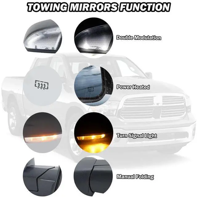Alt view image 3 of 7 - Passenger Side Mirror Compatible with 2009-2018 Dodge Ram 1500 2010-2018 Dodge Ram 2500 3500 4500 Mirror with Manual Fold Heated Turn Signal Light Puddle Light Black9 Pins