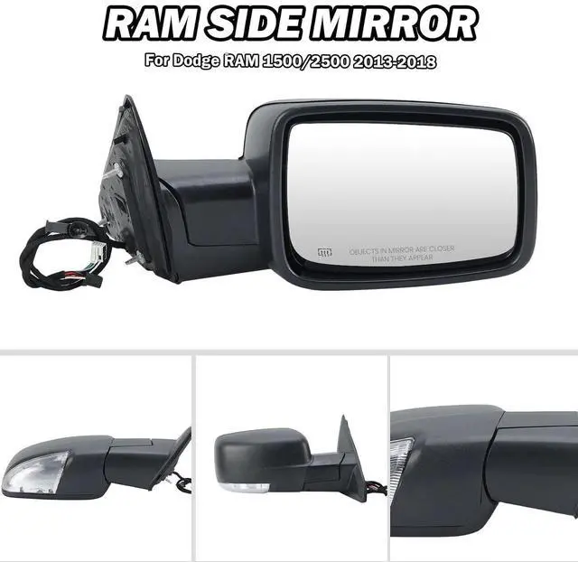 Alt view image 5 of 7 - Passenger Side Mirror Compatible with 2009-2018 Dodge Ram 1500 2010-2018 Dodge Ram 2500 3500 4500 Mirror with Manual Fold Heated Turn Signal Light Puddle Light Black9 Pins