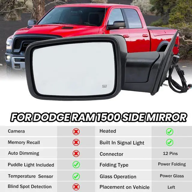 Alt view image 2 of 7 - Passenger Side Mirror Driver Side Mirror Compatible with 2013-2018 Dodge Ram 1500 2500 3500 Mirrors with Heated Puddle Lamp Tuning LED Signal Power Folding (Texture Black) Set