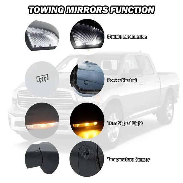 Alt view image 3 of 7 - Driver Side Mirror Compatible with 2009-2018 Dodge Ram 1500 2010-2018 Dodge Ram 2500 3500 4500 Mirror with Manual Fold Heated Temper Sensor Turn Signal Light Puddle Light Black10 Pins