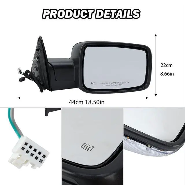 Alt view image 7 of 7 - Right Passenger Side Mirror Compatible with 2013-2018 Dodge Ram 1500 2500 3500 Mirrors with Heated Tuning LED Signal Puddle Lamp Power Fold Textured Black(9+2Pins)