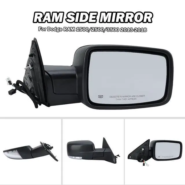 Alt view image 6 of 7 - Right Passenger Side Mirror Compatible with 2013-2018 Dodge Ram 1500 2500 3500 Mirrors with Heated Tuning LED Signal Puddle Lamp Power Fold Textured Black(9+2Pins)