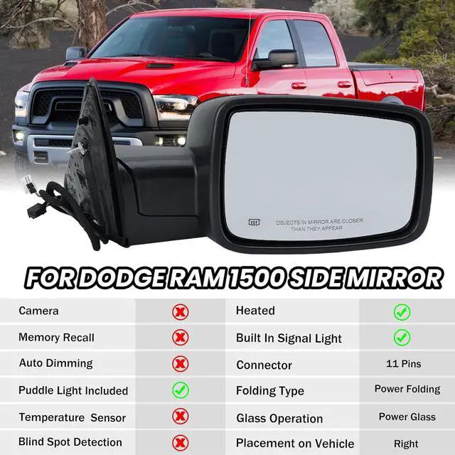 Alt view image 3 of 7 - Right Passenger Side Mirror Compatible with 2013-2018 Dodge Ram 1500 2500 3500 Mirrors with Heated Tuning LED Signal Puddle Lamp Power Fold Textured Black(9+2Pins)