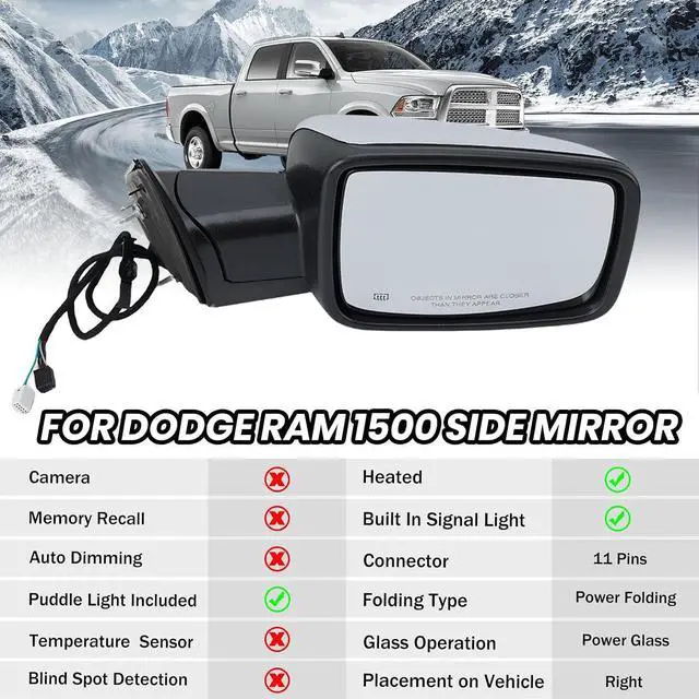 Alt view image 3 of 7 - Passenger Side Mirror Compatible with 2013-2018 Dodge Ram 1500 2500 3500 Mirrors with Heated Puddle Lamp Tuning LED Signal Power Fold Chrome(9+2Pins)