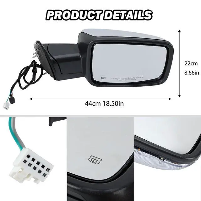 Alt view image 7 of 7 - Passenger Side Mirror Compatible with 2013-2018 Dodge Ram 1500 2500 3500 Mirrors with Heated Puddle Lamp Tuning LED Signal Power Fold Chrome(9+2Pins)