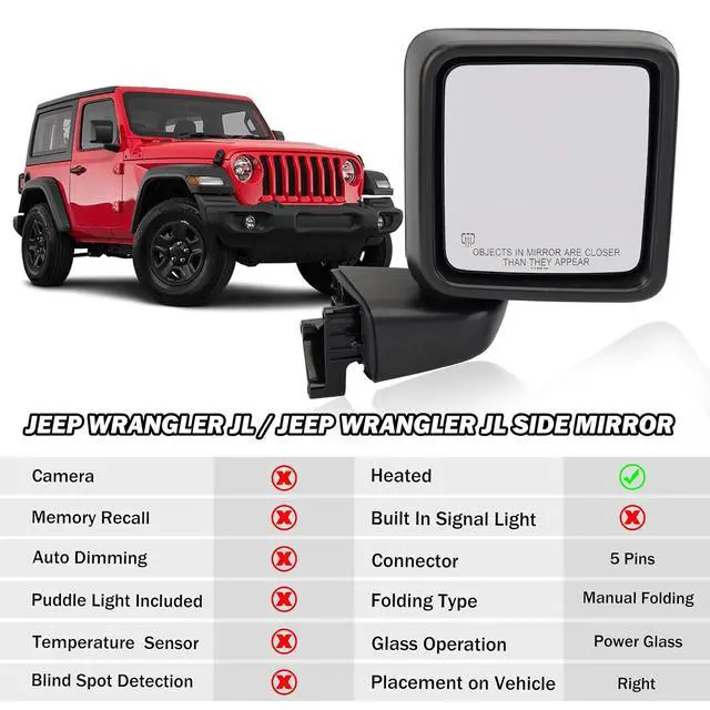 Alt view image 5 of 7 - Passenger Side Mirror for 2018-2025 Jeep Wrangler JL/2020 2021 2022 2025 Gladiator JT,Mirror Assembly with Heated,Manual Folding Without Turn Singal/Blind Spot,Replace 68281890AE 68281890AB
