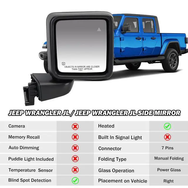 Alt view image 2 of 7 - Passenger Side Mirror Compatible with Jeep Wrangler JL 2018-2025 Gladiator JT 2020-2025 Mirrors with Heated Blind Spot Power Adjustable Replace 68281892AE (7pins)