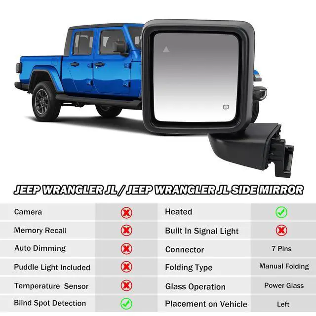 Alt view image 2 of 7 - Driver Side Mirror Compatible with Jeep Wrangler JL 2018-2025 Gladiator JT 2020-2025 Mirrors with Heated Blind Spot Power Adjustable Replace 68281893AE(7pins)