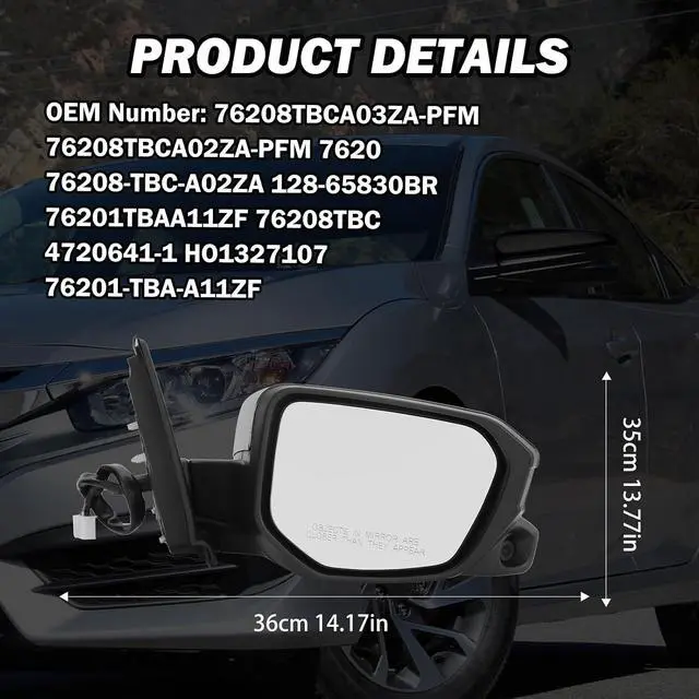 Alt view image 7 of 7 - Passenger Side View Mirror Compatible with 2016-2021 Honda Civic Power Heated With Camera