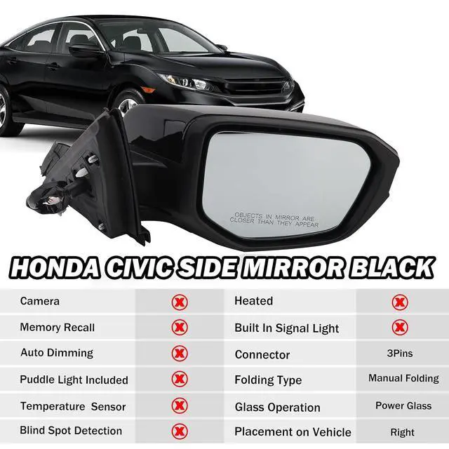 Alt view image 2 of 7 - Passenger Side Mirror Compatible With 2016-2021 Honda Civic Mirrors with Non-Heated Power Glass Manual Folding Replaces 6208TBAC03ZA,HO1321283 Black(3 Pins)