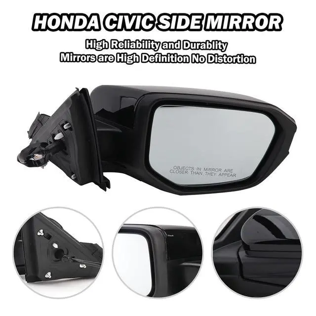 Alt view image 4 of 7 - Passenger Side Mirror Compatible With 2016-2021 Honda Civic Mirrors with Non-Heated Power Glass Manual Folding Replaces 6208TBAC03ZA,HO1321283 Black(3 Pins)