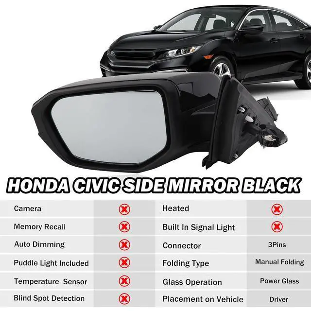 Alt view image 2 of 7 - Driver Side Mirror Compatible With 2016-2021 Honda Civic Mirrors with Non-Heated Power Glass Manual Folding Replaces 76258-TBA-A02ZA,HO1320283Black(3 Pins)