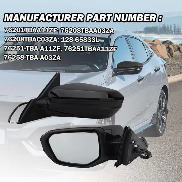 Alt view image 6 of 7 - Driver Side Mirror Compatible With 2016-2021 Honda Civic Mirrors with Non-Heated Power Glass Manual Folding Replaces 76258-TBA-A02ZA,HO1320283Black(3 Pins)