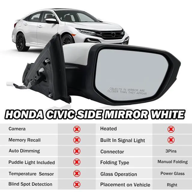 Alt view image 2 of 7 - Passenger Side Mirror Compatible With 2016 2017 2018 2019 2020 2021 Honda Civic Coupe Sedan Hatchback,Mirror with Power Glass,Non-Heated,Manual Folding