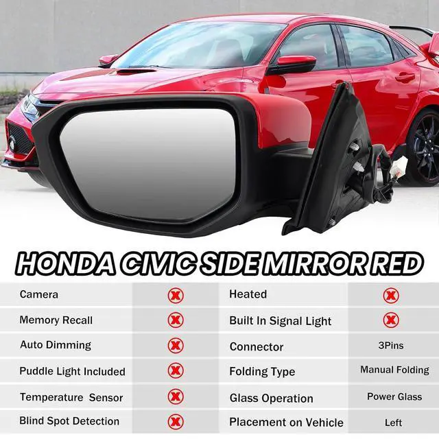 Alt view image 2 of 7 - Driver Side View Mirror Compatible With 2016 2017 2018 2019 2020 2021 Honda Civic Coupe Sedan Hatchback,Mirror with Power Glass,Non-Heated,Manual Folding(Red)