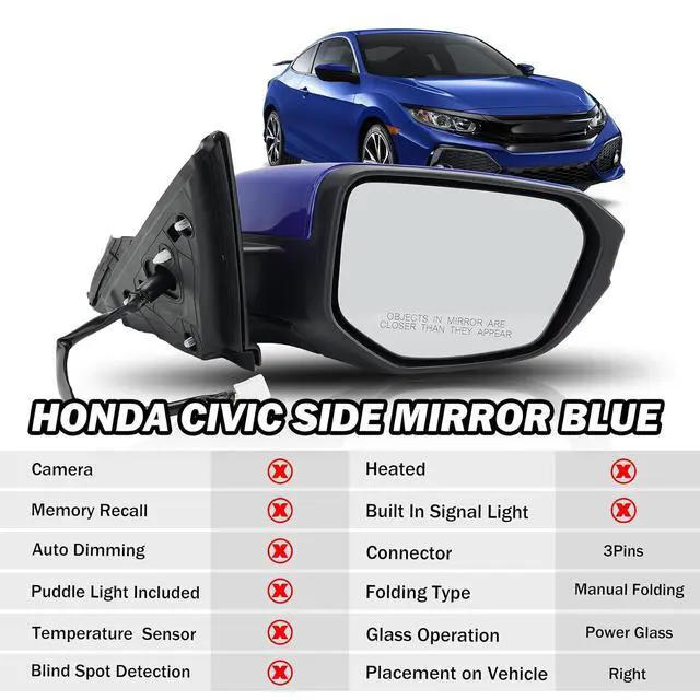 Alt view image 2 of 7 - Passenger Side Door Mirror For 2016 2017 2018 2019 2020 2021 HONDA CIVIC LX SE Sport with Power Mirror Ajust Manual Fold Non-Heated Blue Replace 76258-TBA-A02ZA