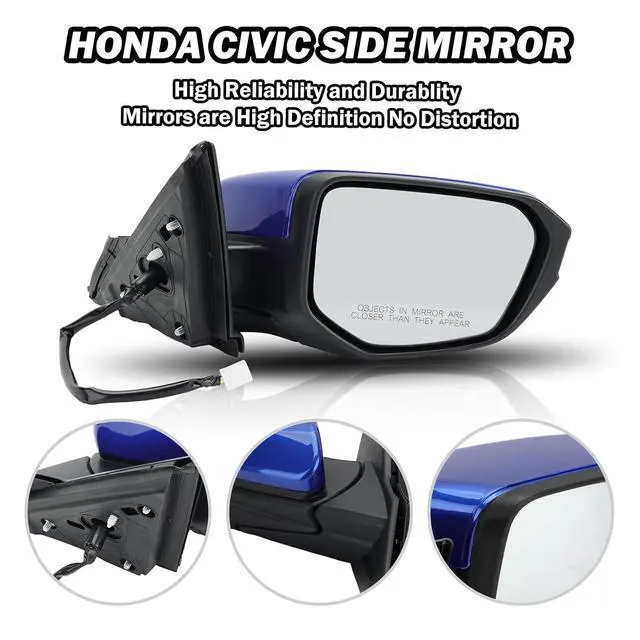 Alt view image 3 of 7 - Passenger Side Door Mirror For 2016 2017 2018 2019 2020 2021 HONDA CIVIC LX SE Sport with Power Mirror Ajust Manual Fold Non-Heated Blue Replace 76258-TBA-A02ZA