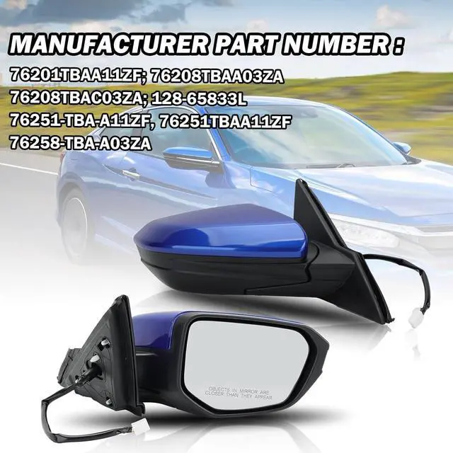 Alt view image 5 of 7 - Passenger Side Door Mirror For 2016 2017 2018 2019 2020 2021 HONDA CIVIC LX SE Sport with Power Mirror Ajust Manual Fold Non-Heated Blue Replace 76258-TBA-A02ZA