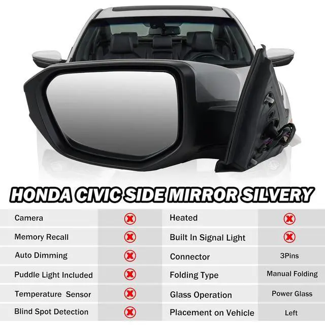 Alt view image 2 of 7 - Driver Side Mirror Compatible With 2016 2017 2018 2019 2020 2021 Honda Civic Coupe Sedan Hatchback,Mirror with Power Glass,Non-Heated,Manual Folding(Silvery)