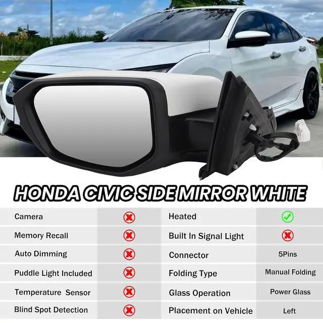 Alt view image 2 of 7 - Driver Side View Mirror Compatible with 2016-2021 Honda Civic Power Heated,Civic Side Mirror Left Replace# 76258TBAC02ZA, 5Pins-HeatedPaintable White