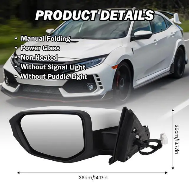 Alt view image 6 of 7 - Driver Side View Mirror Compatible with 2016-2021 Honda Civic Power Heated,Civic Side Mirror Left Replace# 76258TBAC02ZA, 5Pins-HeatedPaintable White