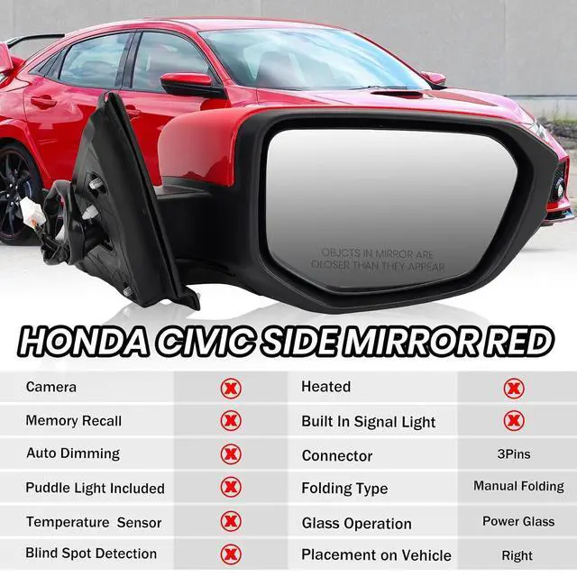 Alt view image 2 of 7 - Passenger Side Mirror Compatible With 2016 2017 2018 2019 2020 2021 Honda Civic Coupe Sedan Hatchback,Mirror with Power Glass,Non-Heated,Manual Folding(Red)